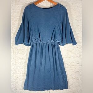 100% Silk Blue Mini Crew Nevk Dress with Dulman Bat Dleeves, sizes in pictures